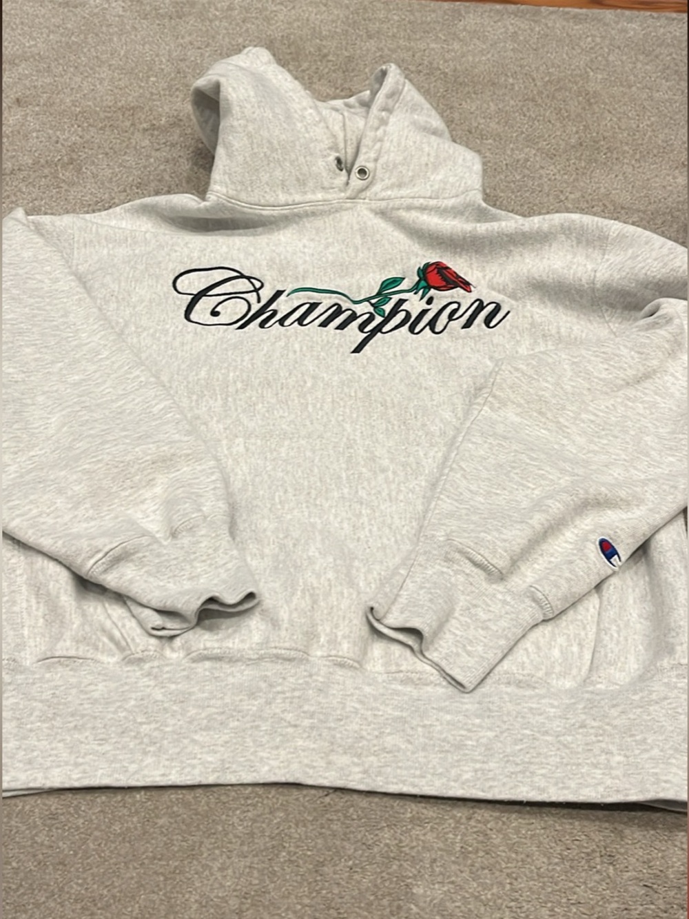 Champion Light Gray Hoodie with Black Script Logo and Red Stitching